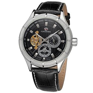 Imagem de Forsining Relógio mecânico masculino automático com pulseira de couro clássica com mostrador analógico, Preto, Clássico