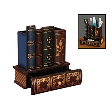 Imagem de Porta-lápis de madeira em formato de livro, suporte de madeira com gaveta de armazenamento inferior organizador de mesa decorativo