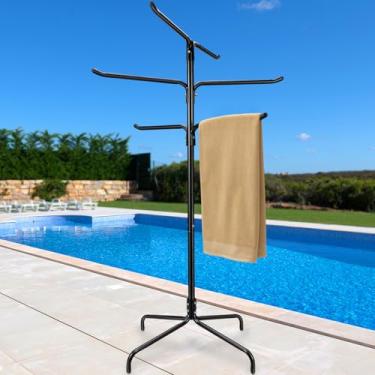 Imagem de Toalheiro de piscina ao ar livre, suporte de toalha independente resistente com 6 barras e base de metal estável, cabide de toalha de banheira de hidromassagem de 132 cm de altura para piscina, spa
