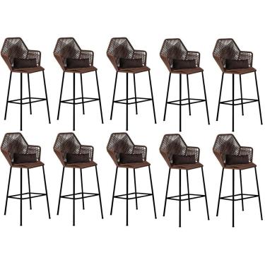 Imagem de Kit 10 Banqueta Alta Com Encosto Balcão Ferro Preto Fibra Marrom Almofada Suede Marrom