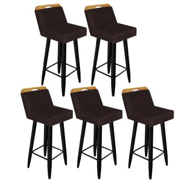 Imagem de Kit 05 Banqueta Alta C/ Encosto Lith Para Cozinha Bar Balcão Bistrô Pé Palito Preto Suede Marrom