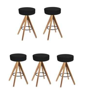 Imagem de Kit 05 Banqueta Alta Redonda Giratória Delia Madeira Balcão Bistrô Cozinha Sintético Preto