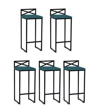 Imagem de Kit 05 Banqueta Alta Com Encosto Ema Balcão Bar Cozinha Bistrô Ferro Preto Suede Azul Turquesa