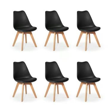 Imagem de Kit C/ 6 Cadeiras Leda – Charles Eames, Saarinen Wood Com Almofada Preta