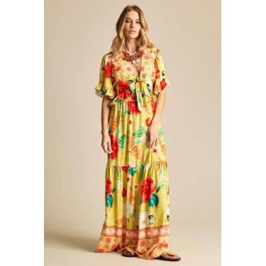 Imagem de Saia Longa Com Elástico Na Cintura Amarelo Estampado Yacamim A7, M, Es