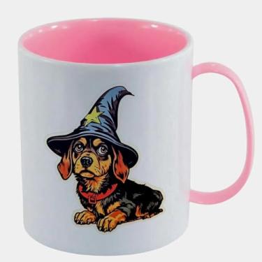 Imagem de Caneca de Polímero Plástico Inquebrável Infantil Rosa Claro - DACHSHUND CACHORRO CHAPEU MAGO