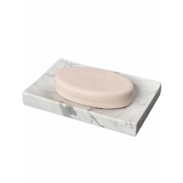 Imagem de EXCHUES Saboneteira De Mármore Natural Para Chuveiro, Pés Antiderrapantes Silicone, Bandeja Secagem Pedra, Protetor Barra, Recipiente Suporte, Acessórios Decoração Banheiro (Branco Calacatta, Furos