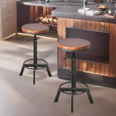 Imagem de Diwhy Banqueta de bar vintage industrial, banco de madeira, altura ajustável 60-75 cm, banquinho de ferro fundido para cozinha, banco giratório, banco de metal, conjunto com 2