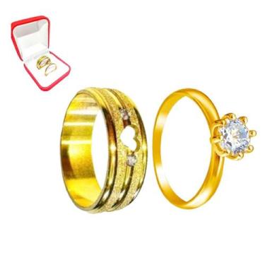 Imagem de Aliança Banhada Ouro 18k 6mm Coração Vazado + Solitario 2mm Dourada Pe