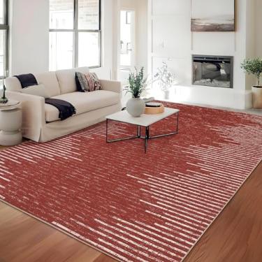 Imagem de GlowSol Tapete lavável para sala de estar, geométrico, liso, listrado, minimalista, antiderrapante, antiderrapante, ultramacio, para quarto, escritório, sala de jantar, berçário, vermelho