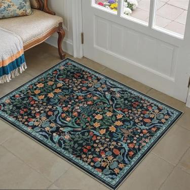 Imagem de WondRg Tapete de área 2x3 lavável vintage tapete azul floral entrada tapete interior tapete não labial para sala de estar, quarto, cozinha