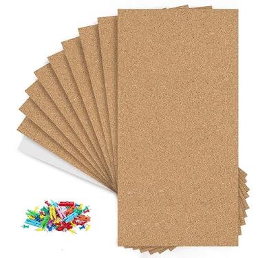 Imagem de AKTOP Quadro de avisos de quadro de cortiça 43 x 20 cm, 1/2" de espessura de cortiça azulejos, pacote com 10, placa de pinos pequena para decoração de parede, quadros de cortiça autoadesivos com 120 clipes de madeira para escola, casa e escritório