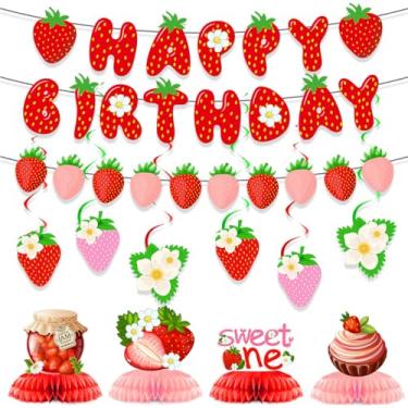 Imagem de Conjunto de decorações de festa de aniversário de morango, faixa de redemoinho pendurada, centros de mesa de favo de mel