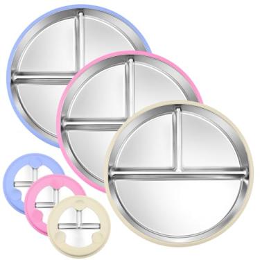 Imagem de Rycid Pacote Com 3 Pratos De Aço Inoxidável Para Bebês Sucção, Infantis Sem Bpa, Prato Infantil Divisórias 9" Lava-Louças, Base Silicone Antiderrapante, Design Removível (Azul, Rosa, Bege)