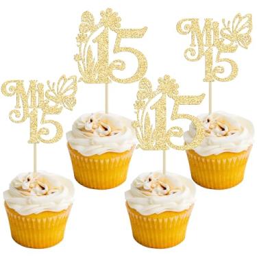 Imagem de Ephlyn 24Pcs Mis 15 Cupcake Toppers Glitter Mis Quince 15 Feliz 15 Años Cupcake Picks Hello 15 Fabulous Cupcake Decorations for Cheers to 15 Happy 15th Birthday Party Cake Decorations Gold