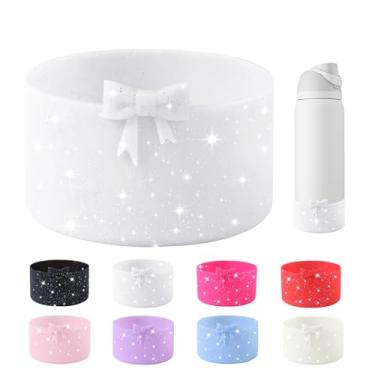 Imagem de YAYAYOUNG Bota de silicone com laço de glitter para garrafa de água Owala de 947 ml, capa protetora antiderrapante para garrafas de água de aço inoxidável FreeSip, Twist e Flip - Branco