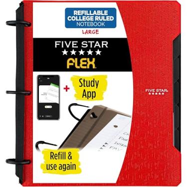 Imagem de Five Star Caderno flexível recarregável + aplicativo de estudo, papel pautado universitário, anéis TechLock de 2,5 cm, bolsos, abas e divisores, capacidade para 200 folhas, vermelho (29328AB2)