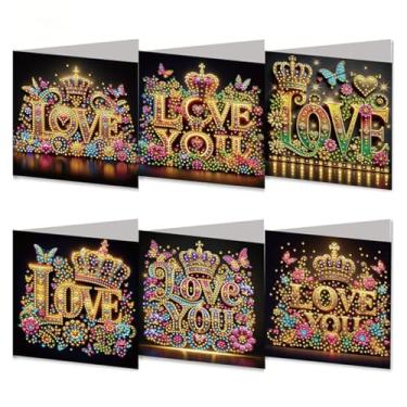 Imagem de MaiYiYi Pacote com 6 cartões comemorativos DIY Love You Diamond Art, Kit de cartões comemorativos com pintura de diamante de coroa, cartões de pintura de diamante de amor para amigos da família