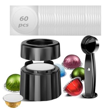 Imagem de SWEETDEER Kit de cápsulas reutilizáveis e recarregáveis para cápsulas Nespresso Vertuo – 60 refil de tampas de alumínio, compatível com máquinas Nespresso Vertuo e Vertuoline, kit de cápsulas de café
