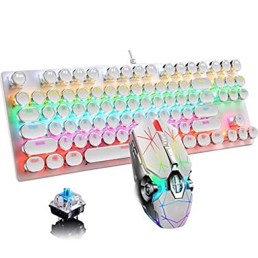 Imagem de Teclado mecânico para jogos e mouse combinando, estilo de máquina de escrever punk retrô 87 teclas, teclado com luz de fundo arco-íris RGB com interruptor azul, luz de respiração descolada, mouse para jogos e escritório, branco