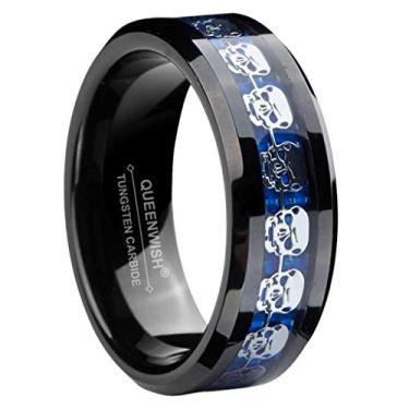 Imagem de Queenwish Anéis de caveira de carboneto de tungstênio preto de 8 mm para homens e mulheres, aliança de casamento moderna exclusiva joia de casamento tamanho 6-13