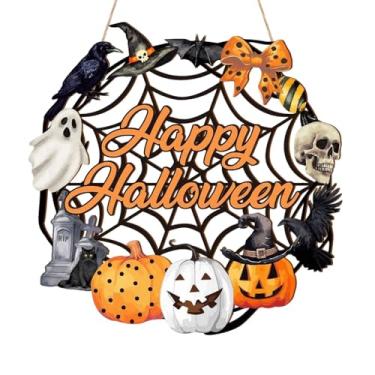 Imagem de IEUDNS Placa de madeira para pendurar no Halloween, decoração de Halloween para sala de estar, janela, casa, fazenda, café, quintal, cerca, feriado, jardim, Teia de Aranha