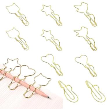 Imagem de XnxnzhHo Clipe de caneta de metal, pacote com 10 prendedores de papel, porta-canetas, para caderno, formato de gato, estrela de coração dourado, para escritório, material escolar