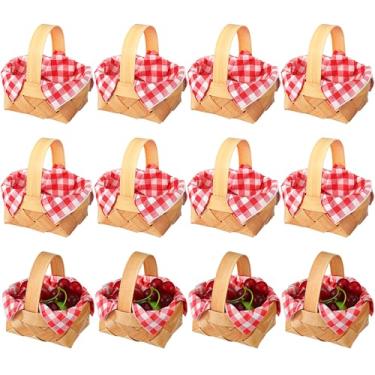 Imagem de Geelin 12 peças de mini cesta de tecido de Natal com alça, 20 folhas, guardanapos de papel guingão vermelho e branco, lascas de madeira, flor, frutas, piquenique, lascas, para decoração de presente de