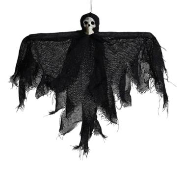 Imagem de Vaveren Decoração de esqueleto de Halloween com fantasma pendurado, decoração de festa assombrada para fachada externa de feriado, Preto