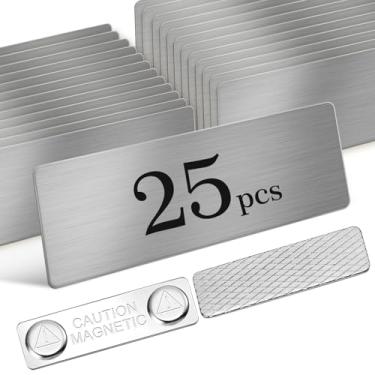 Imagem de Etiquetas de nome magnéticas em branco, pacote com 25, etiquetas de nome de 2,5 x 7,6 cm para roupas, crachás de nome DIY de aço inoxidável com suporte magnético forte, material de escritório escolar