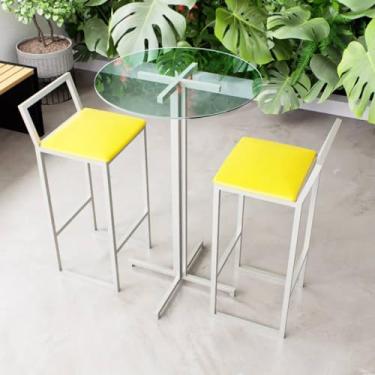Imagem de Conjunto Mesa Alta Bar Bistrô Redonda Vidro 2 Banquetas Confort Estofado Industrial White (Amarelo)