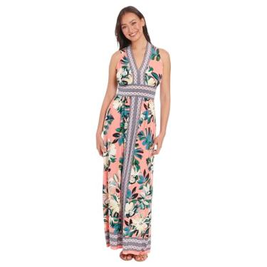 Imagem de London Times Vestidos maxi casuais sem mangas com decote em V para mulheres, Coral claro/azul-petróleo, 36