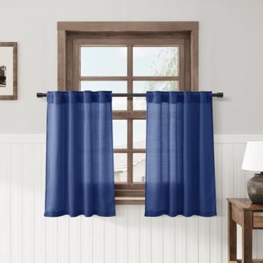 Imagem de Cortinas de cozinha Linen Cafe Farmhouse 91 cm de comprimento de linho privacidade filtragem de luz cortinas curtas plissadas com bolso de haste aba traseira sobre a pia café banheiro lavanderia azul