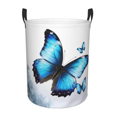 Imagem de Cesta de lavanderia borboleta azul dobrável à prova d'água cesto de armazenamento de roupas com alças pano oxford organizador de brinquedos cesta para banheiro, lavanderia, quarto, médio