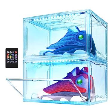 Imagem de Oltraman Organizador de armazenamento de sapatos para armário, porta-sapatos dobrável, pacote com 2, recipientes empilháveis de plástico transparente, prateleira magnética para tênis com luzes LED