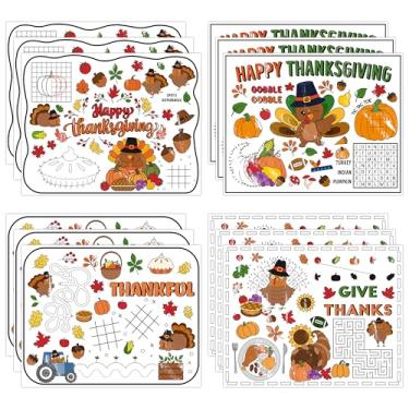 Imagem de R HORSE Jogo americano de colorir de Ação de Graças – 12 peças de tapetes descartáveis de papel para colorir, tapetes de mesa de outono de peru, decoração de jantar para crianças, festa de Ação de