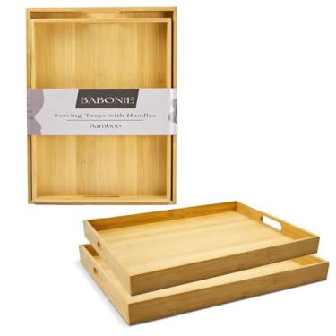Imagem de Conjunto de 2 bandejas decorativas de bambu para servir na cama, almoço, jantar, aperitivos, pátio, otomano, mesa de centro, churrasco, festa