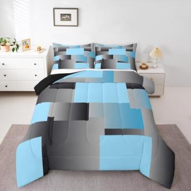 Imagem de Erosebridal Conjunto de cama geométrico para meninos e meninas, azul, cinza, branco e preto, arte abstrata, arte de renderização, retangular, geométrico, ilustração, edredom