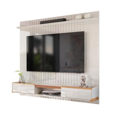 Imagem de Painel Ripado Atlas - Mdf 1 Prateleira, Espaço Para Tv Até 70" Off White Perolizado-jequitiba - Lukaliam Móveis