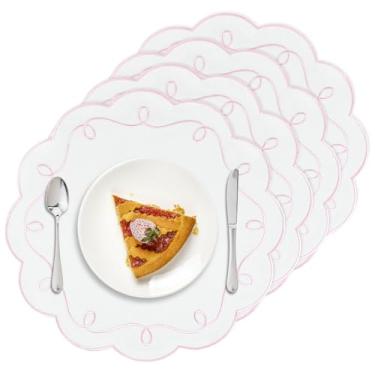 Imagem de Conjunto de 4 jogos americanos de linho de algodão rosa de 38 cm bordados recortados decorativos em forma de flor para casamento, chá de bebê, banquete, festa, feriado, cozinha, mesa de jantar