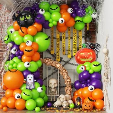 Imagem de Halloween Balloon Arch Garland Kit, Dark Purple Bright Light Lime Green Orange White Eyeball Balloons with 3D Bat Pumpkin Spider Ghost Foil Balloon for Halloween Spooky Indoor Outdoor Party Decoration
