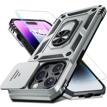 Imagem de Janmitta Capa para iPhone 14 Pro, capa de lente de câmera deslizante embutida + protetor de tela, capa de telefone de corpo inteiro resistente à prova de choque com suporte de anel de dedo, prata