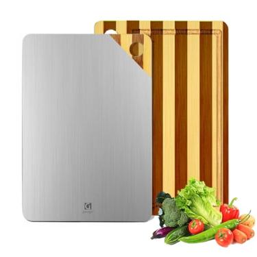 Imagem de Tábua de corte de titânio para cozinha, tábua de corte dupla face, grau alimentício, titânio puro e 100% bambu, com sulcos profundos de suco, tamanho grande 38 x 28 cm