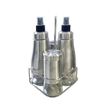 Imagem de Galheteiro 4 Peças Spray C/suporte Aço Inox Vidro Azeite Vinagre Sal -