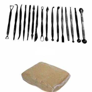 Imagem de Kit Estecas 16 Pçs + 1 Kg Argila Natural Artesanato - LCPLASTIC
