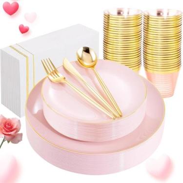 Imagem de Conjunto de pratos de plástico LUODA Mirthmood Pink com borda dourada 