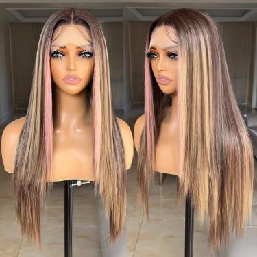 Imagem de Peruca frontal de renda sintética FABÉLLE Pink Highlight 66cm para mul
