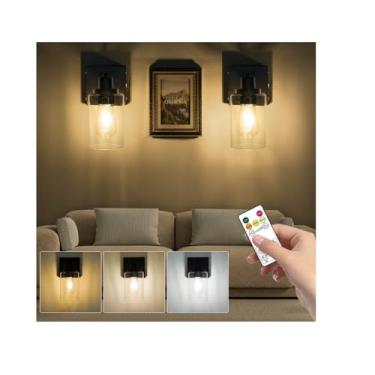 Imagem de Conjunto de duas arandelas de parede operadas por bateria, luz de parede preta vintage com sombra de vidro, lâmpada de parede sem fio recarregável de 6000 mAh para interior regulável com controle
