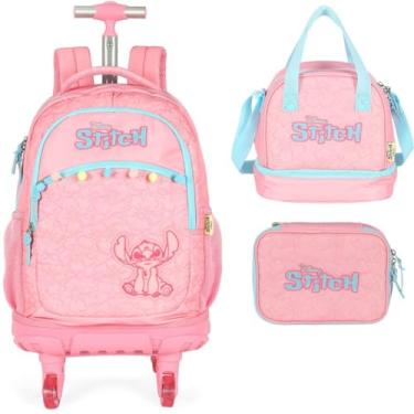Imagem de Mochila Infantil Rodinhas Stitch com Lancheira e Estojo 100 Pens Rosa