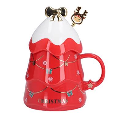 Imagem de Caneca de café em forma de árvore de Natal 500ml Caneca de café de cerâmica fofa com tampa e colher Caneca de café de Natal Copo Kawaii Novidade Caneca de férias para café, chá e(Vermelho)
